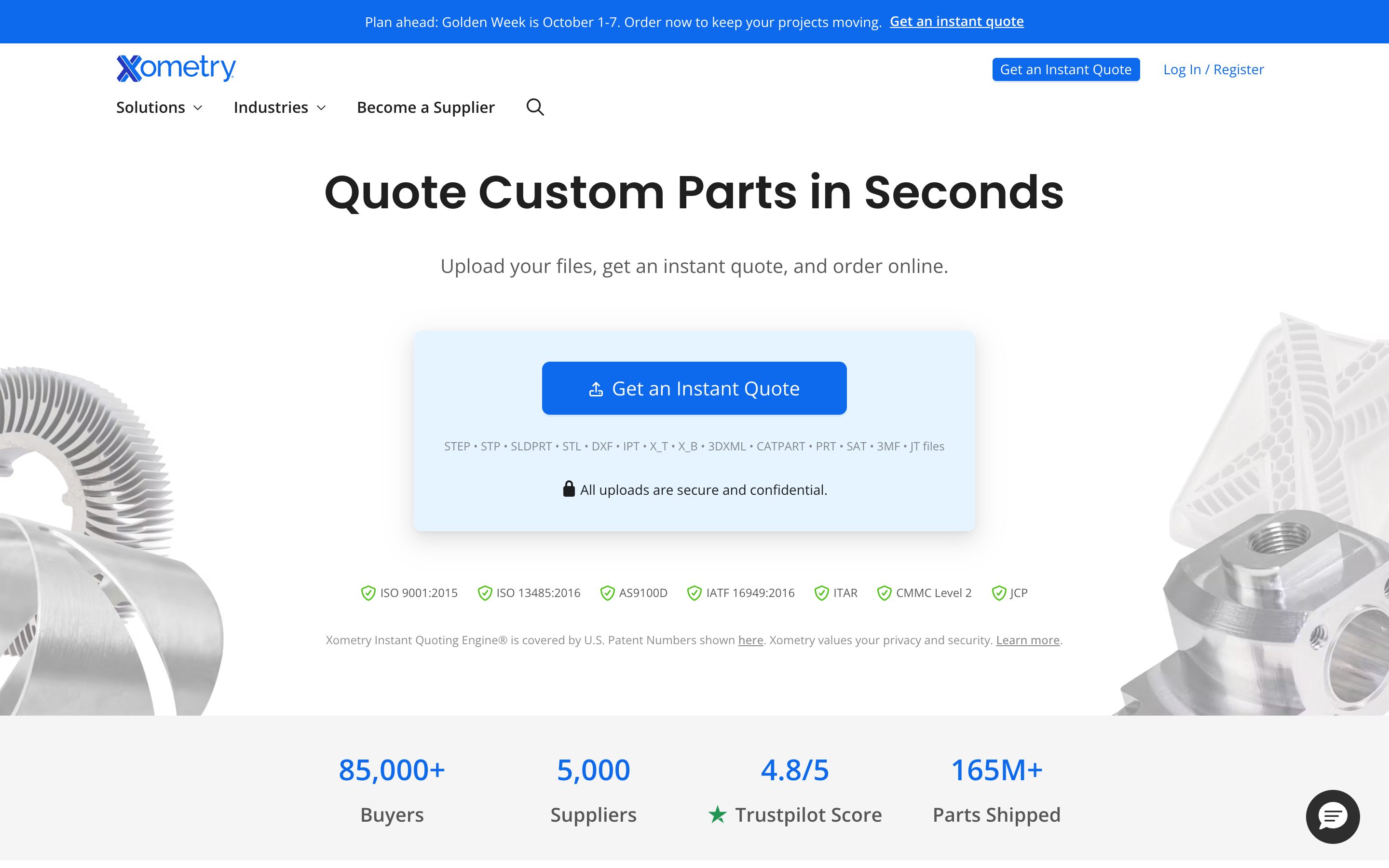 Xometry homepage with file upload and instant quote in the hero